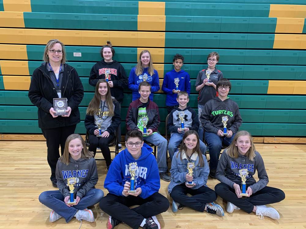 Picture - 7th Grade Team Awards First row from the left: Addisyn Heinrich, Jaxson Moore, Kyleigh Schopp, Anna Schwab; Warner; 1st place Second row from the left: Gretchen Dinger, Payton Mitchell, Blake Pauli, Axel Warrington; Groton; 2nd place Third row from the left: Marlee Baldwin, Reese Comstock, Sam Franks, Athena Johnson; Holgate; 3rd place