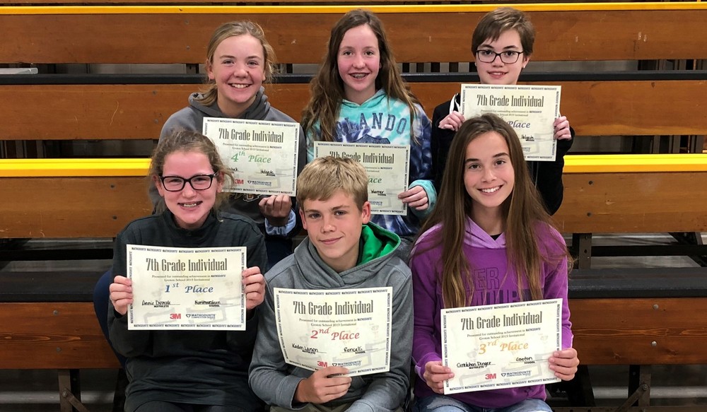 Picture - 7th Grade Individual Awards First Row from the left: Annie Dvorak, Northwestern, 1st Place; Kaden Larson, Roncalli, 2nd Place; Gretchen Dinger, Groton, 3rd Place. Second Row From Left: Reece Comstock, Holgate, 4th Place; Libby Scepaniak, Warner, 5th Place; Athena Johnson, Holgate, 6th Place